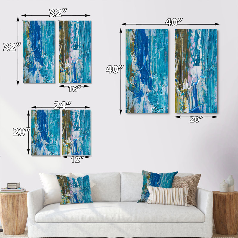 Shades of Blue Abstract Brushes - Ensemble de 2 peintures sur toiles, H 20 po x l 24 po x P 1 po, Toile tendue