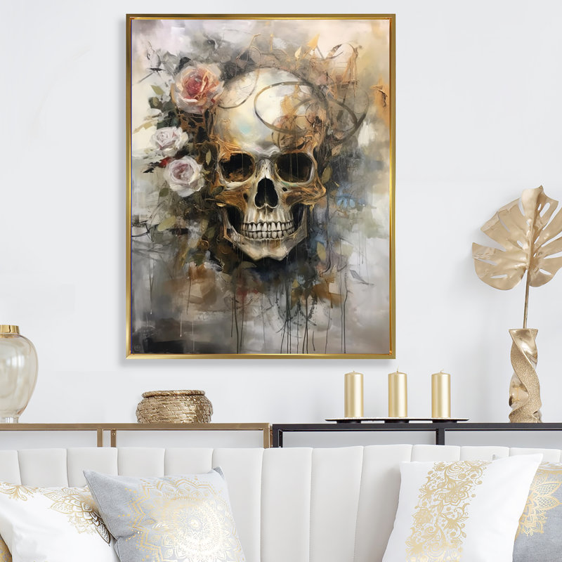 " Skull Blooming Roses ", 40" H x 30" W x 1.5" D, Gold Floater Framed