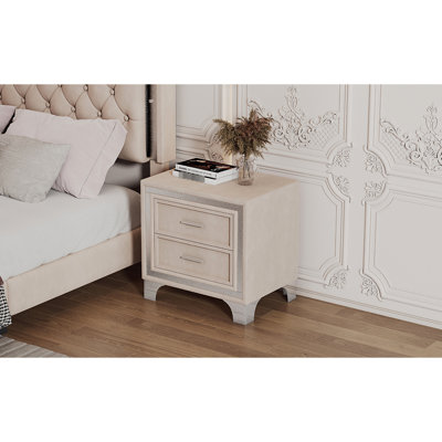 Table de chevet en velours beige avec pieds en métal et 2 tiroirs - charme rétro Mid-Century, peu encombrant, accessoire de qualité