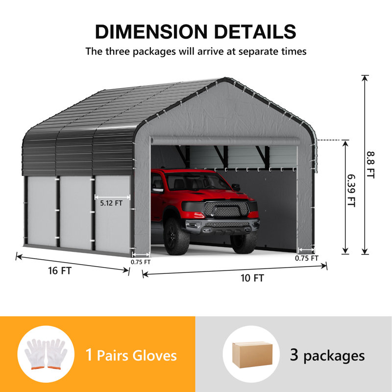 10 Ft. W x 16 Ft. D Heavy-Duty Metal Carport with Galvanized Roof & Fabric Walls, Solar Light, All-Weather Shelter Rated 35psf Snow - Gray