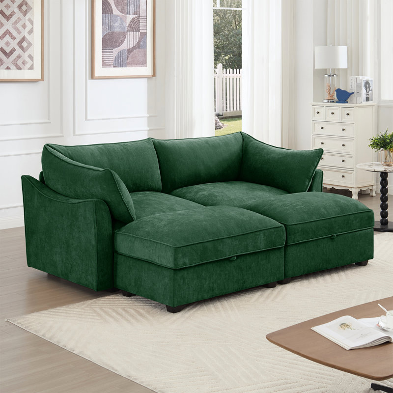 2 places, rangement escamotable, intégration de coussins, conception en forme de croissant, passepoil décoratif, chenille douce, siège à tailles multiples avec repose-pieds et mobile, rangement caché en chenille avec repose-pieds,