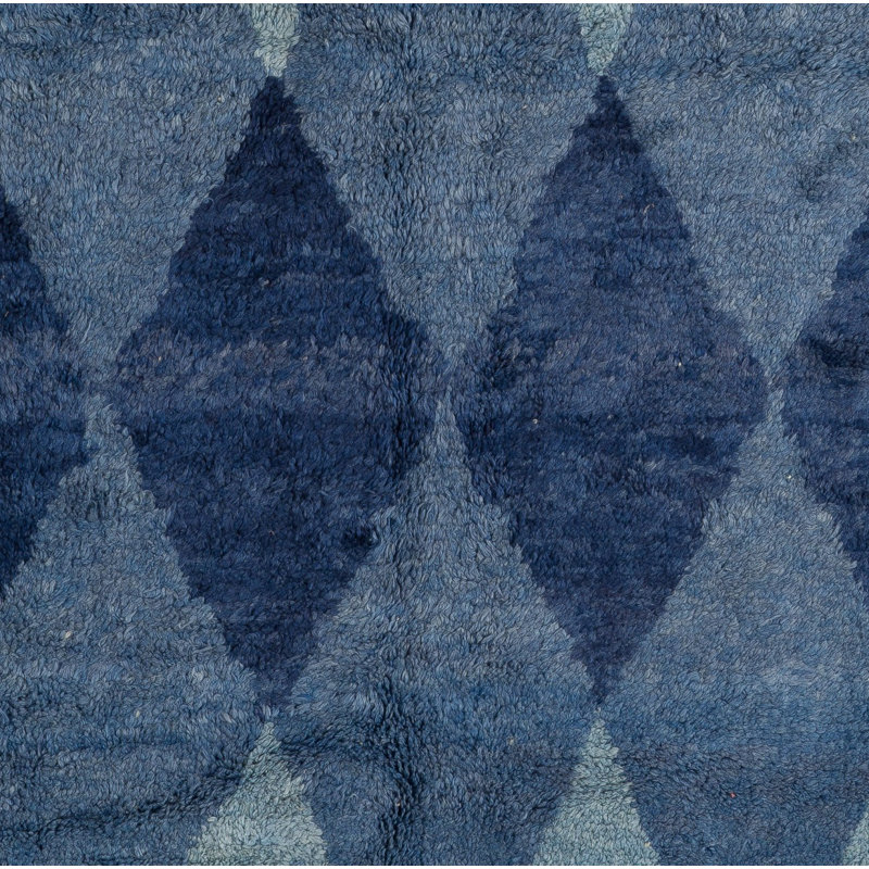 Contemporary Wool Rug with Interlocking Blue Diamonds