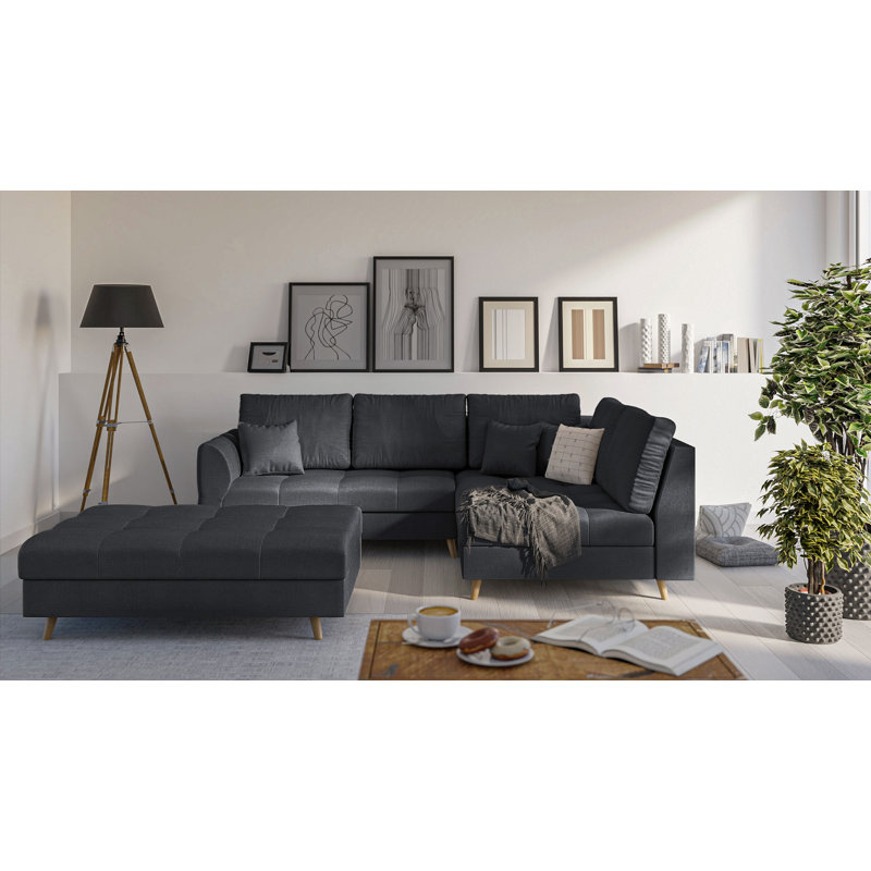 Corner Sofa And Footstool with Wooden Legs In Scandinavian Style Knutsford, Right Hand Facing, Anthracite