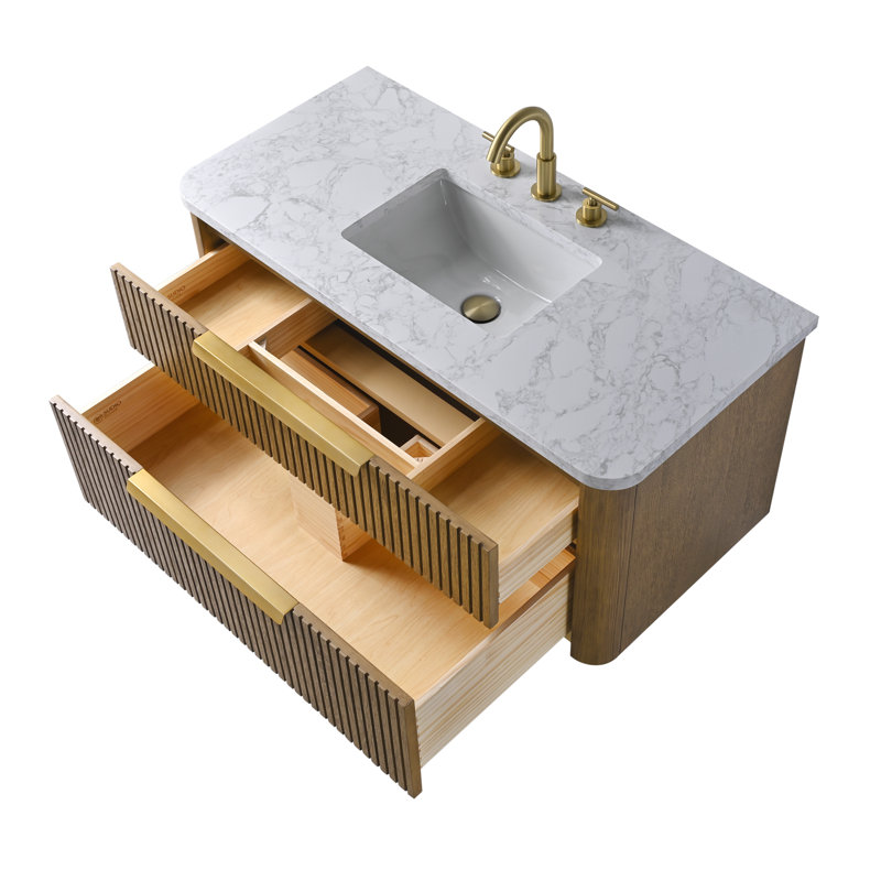 Liljan 42'' Wall-Mounted Single Bathroom Vanity, Aged Oak/Brushed Bronze