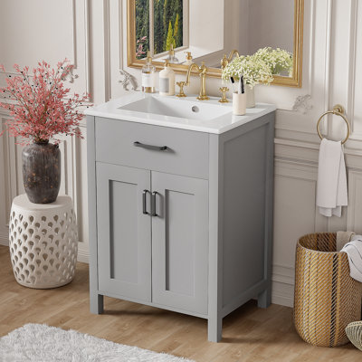 Ensemble de meuble-lavabo 24 po avec lavabo en céramique, meuble-lavabo peu encombrant - l 24 po x P 18 po x H 34 po, 2 portes à fermeture en douceur