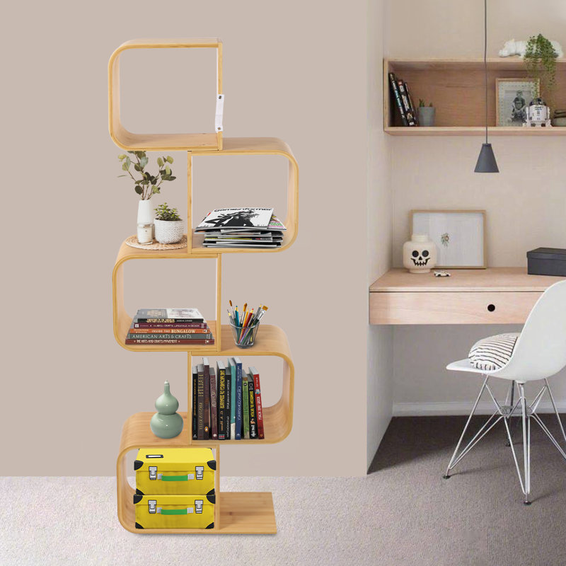 S-Shaped Creative Open Floor Standing Bookcase, (5 Shelves) 65"H x 22"W x 9.05"D
