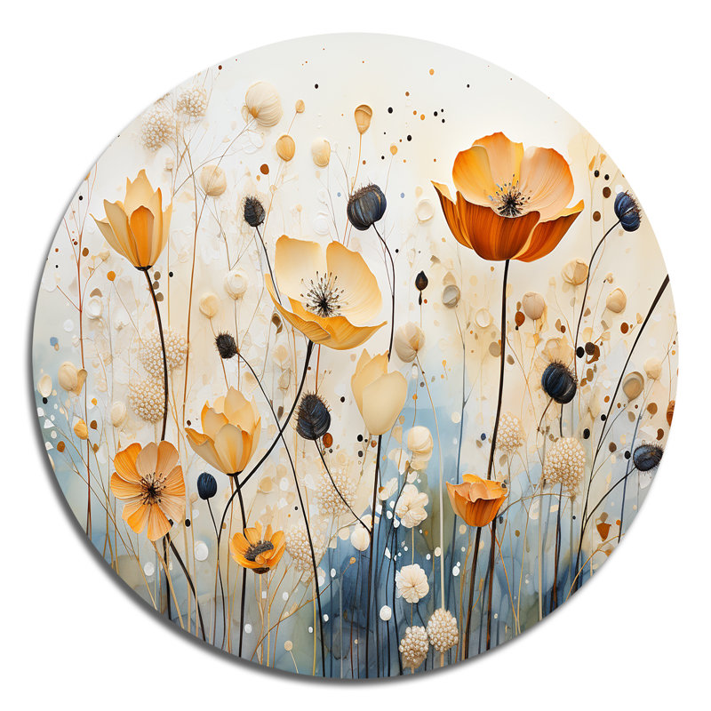 Art botanique orange, bleu et discret I - Art abstrait rond en métal, H 16 po x l 16 po