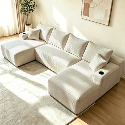 Canapé modulaire en velours côtelé modulaire de 134 po avec méridienne réversible, porte-gobelet et poche latérale