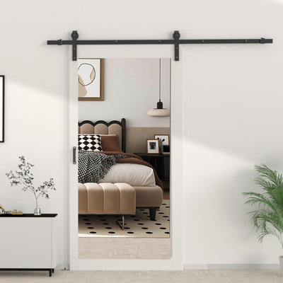 84” Glass Mirrored Barn Door With Sliding Door Hardware Kit Included, 1 Lite Full Length Mirror Door(No Assembly Required)