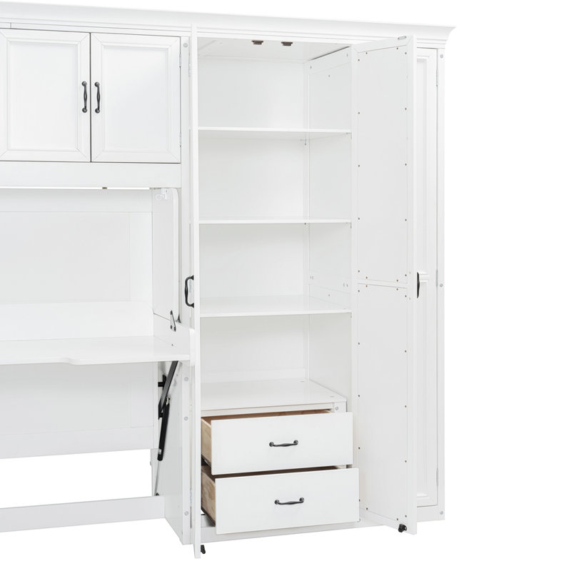 Lit escamotable simple avec armoire murale, armoire et bureau rabattable pour une multifonctionnalité compacte., Blanc