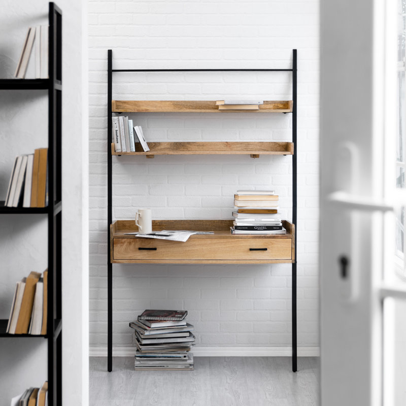 Innes Solid Wood Leaning Ladder Desk with Iron Base, Natural/Black