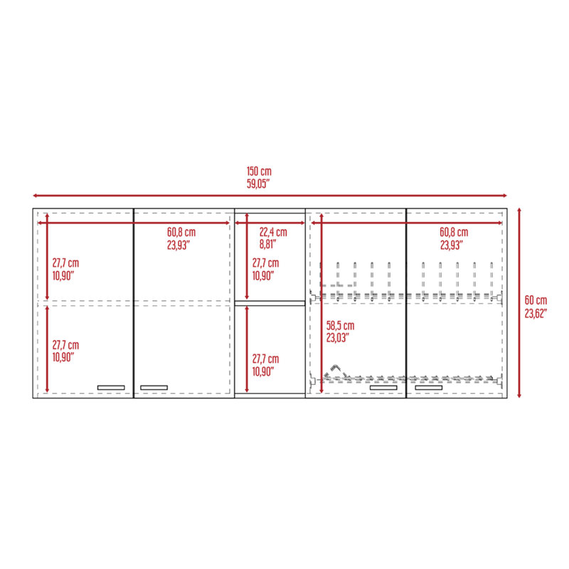 Wall Cabinet 24" H, Four Doors, Two Open Storage Shelves, Two Internal Shelves, Internal Dish And Glass Organizer, Black