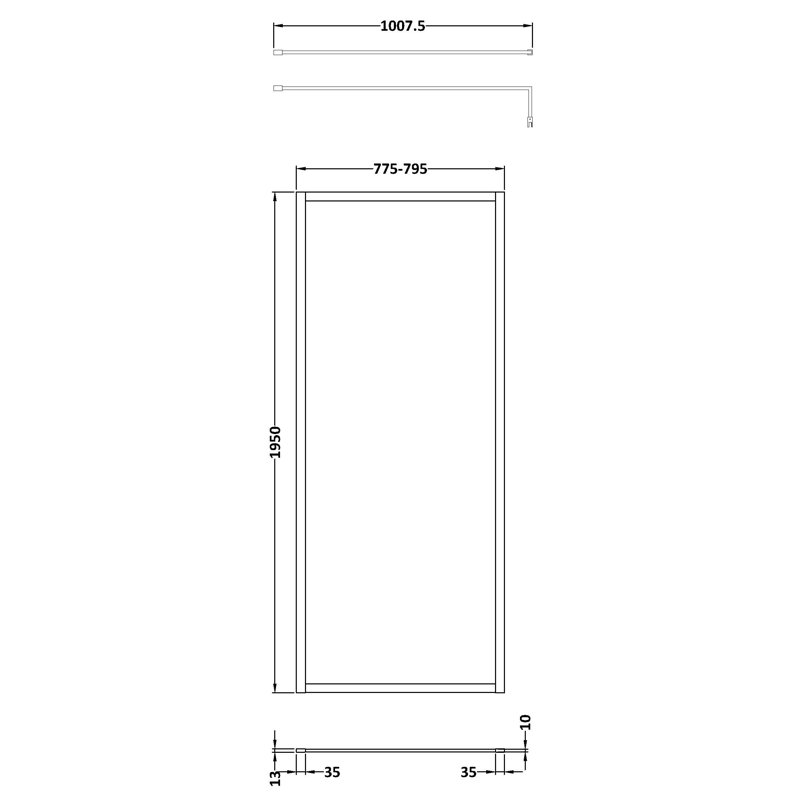 800mm W x 1950mm H Frameless Wet Room Glass Screens with Clear Glass, 800mm, Matt Black
