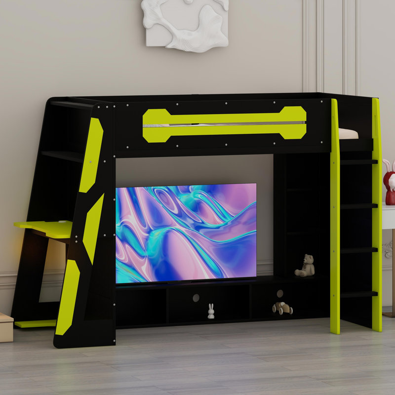 Multifunctional Loft Bed With Study Desk, Ample Storage Shelves & Customizable RGB Illumination, Black/Green