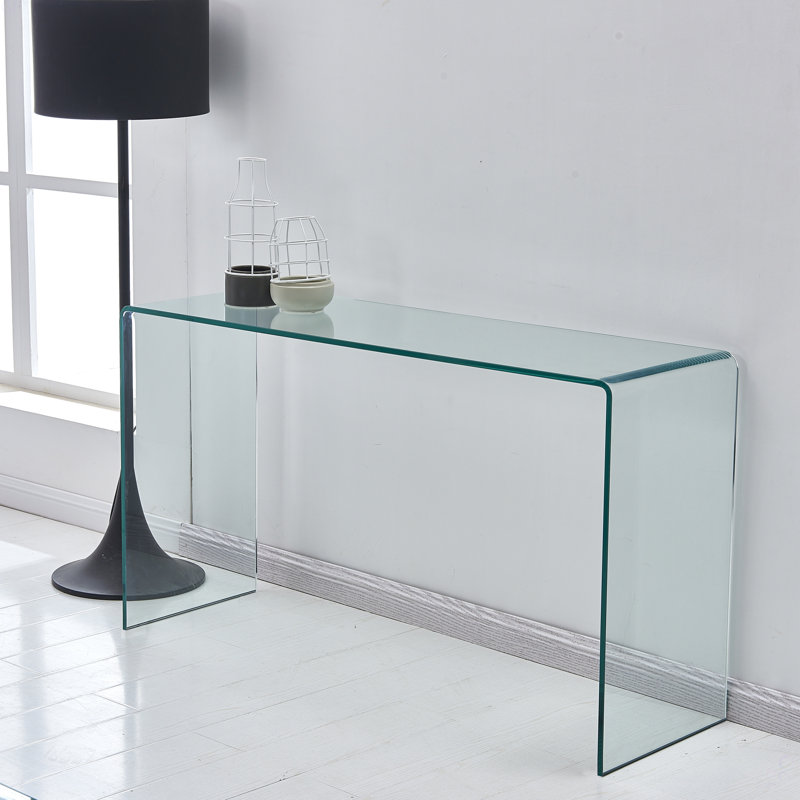 Console en verre, console en verre trempé transparent avec bureaux à bords arrondis, table de canapé
