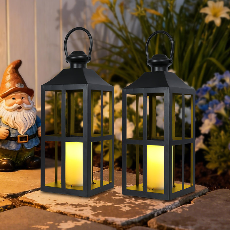 2 Pack Black Metal Grid Lanterns – Hollow Cross-design Decor With Flameless Led Candles, Rustic Hanging/tabletop Lights For Patio, Porch & Farmhouse Home
