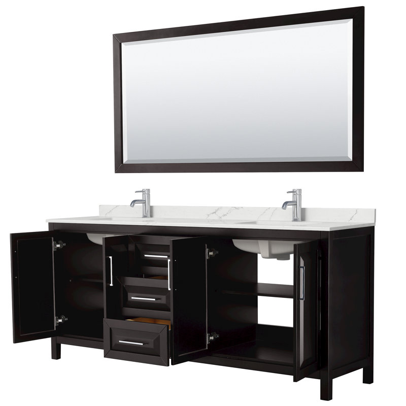 Ensemble de meuble-lavabo double 80 po avec dessus en quartz et miroir Daria, Quartz Giotto, Brun, Chrome poli