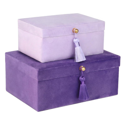 Velvet Jewelry Boxes Decorative Boxes, Storage Accessory Organizer Boxes With Elegant Handle Decor, Classic Velvet Set Of 2 Pieces (Purple)