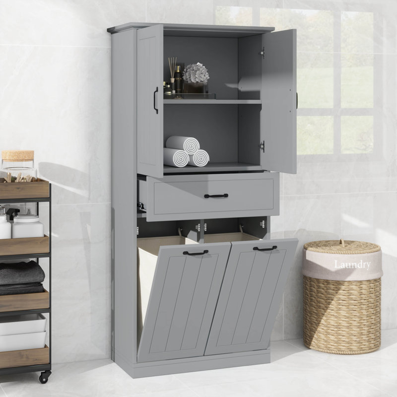Double Tilt Out Laundry Hamper Cabinet, Tall Bathroom Storage Cabinet With Tilt Out Laundry Basket, Gray