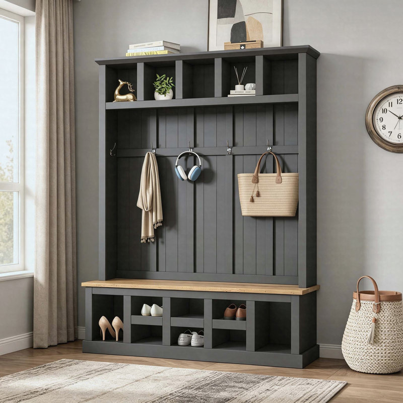 Hall Tree MDF Entryway Shoe Cabinet Storage Bench with 13 Compartments, Coat Rack with 6 Hooks, Farmhouse Wooden Style Organizer