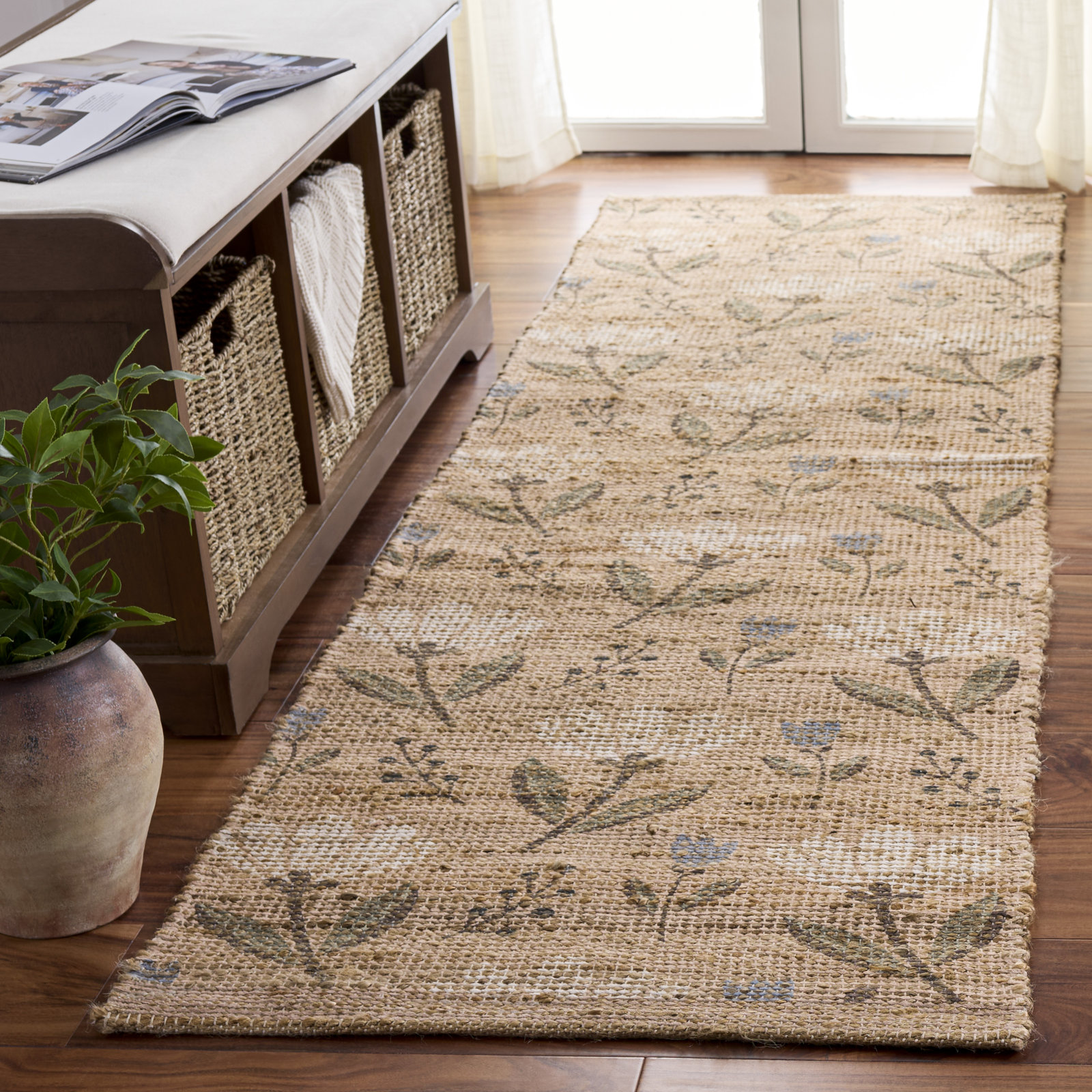 Hand-Woven Floral Jute Rug, 2'-3" X 8'-0" Runner