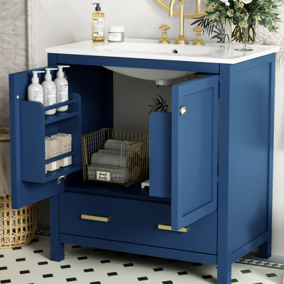 30" Blue Bathroom Vanity Unit. Solid Wood Build, Doors. Single Ceramic Sink. 2 Doors, 1 Drawer Storage. For Stylish Storage Chest. And Material. Sink Vanity. Modern