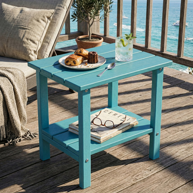 2-Tier Adirondack Outdoor Side Table, All-Weather HDPE Patio End Table, Teal