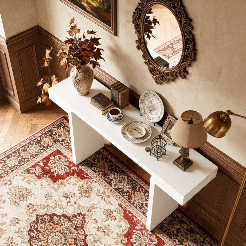 60-Inch Console Table with Geometric Clean Lines Design, White