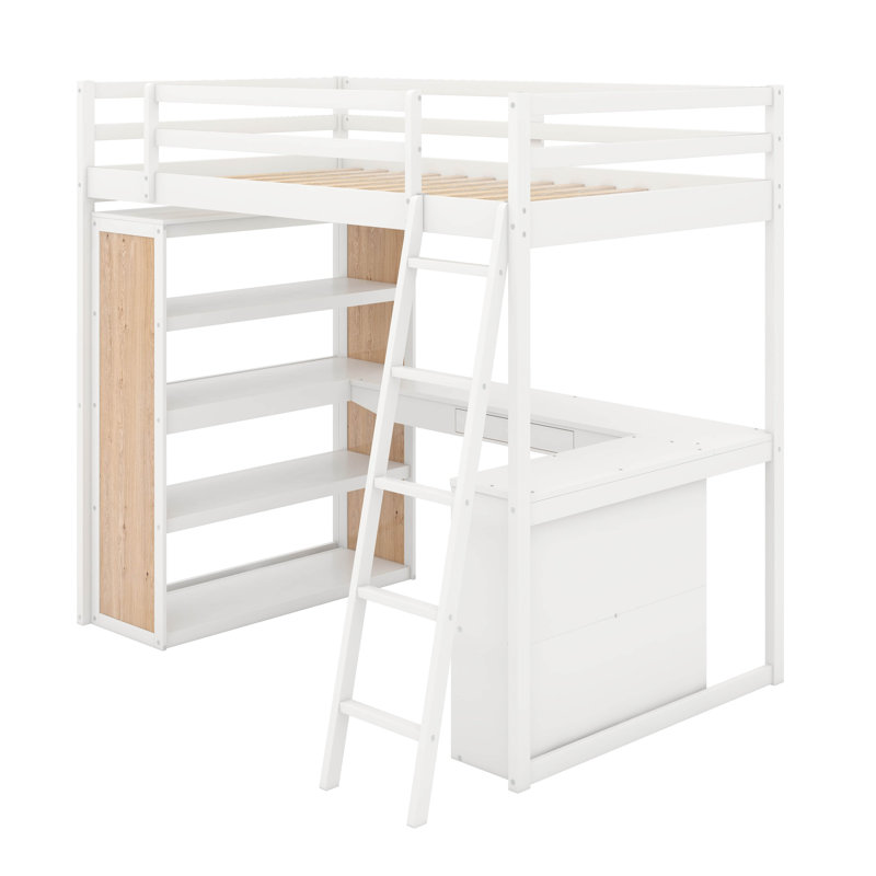 Lit mezzanine simple avec tablettes et bureau, Blanc