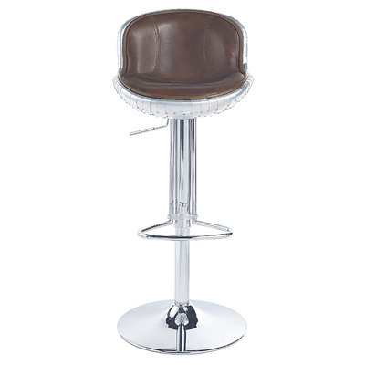 Tabouret rembourré en cuir brun rétro - réglable avec patchwork en aluminium et cadre en métal pivotant