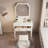 Pereda 35.43 Inch Wide Makeup Vanity With Mirror And Stool, 1 Drawer, Padded Stool, Beige
