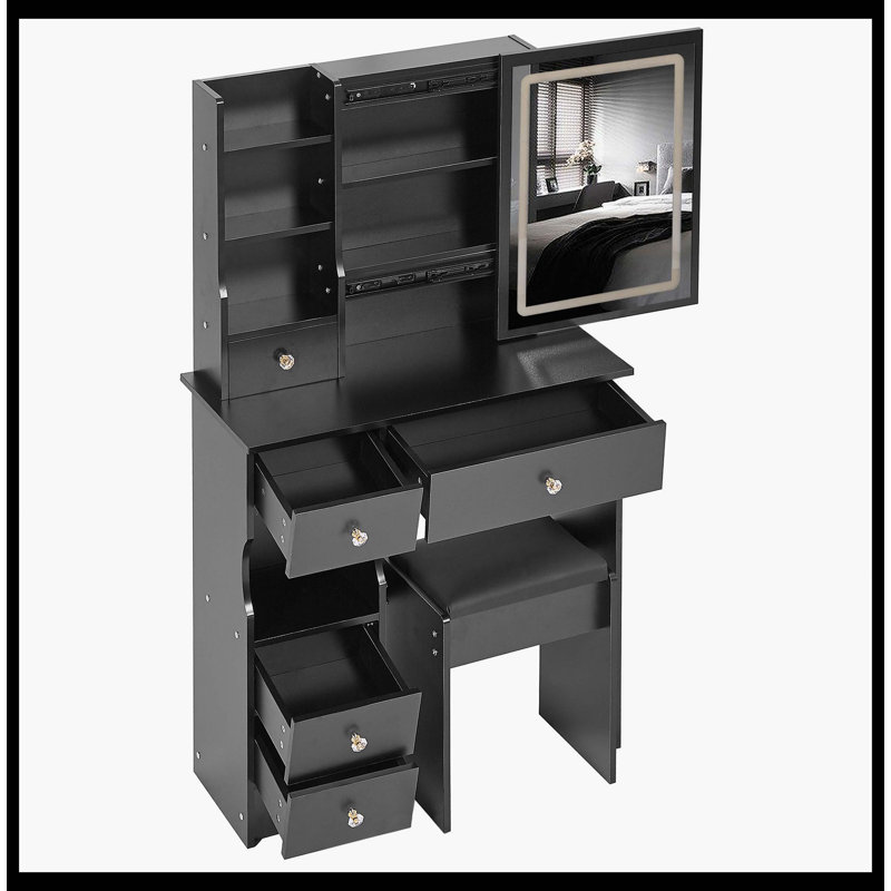 29.2" Small Size Left Drawer Desktop Vanity Table + Cushioned Stool, Large Sliding, Touch Control, Tri-Color Switching, Brightness Adjust LED Mirror, High Capacity Storage, Suitable For Small Space