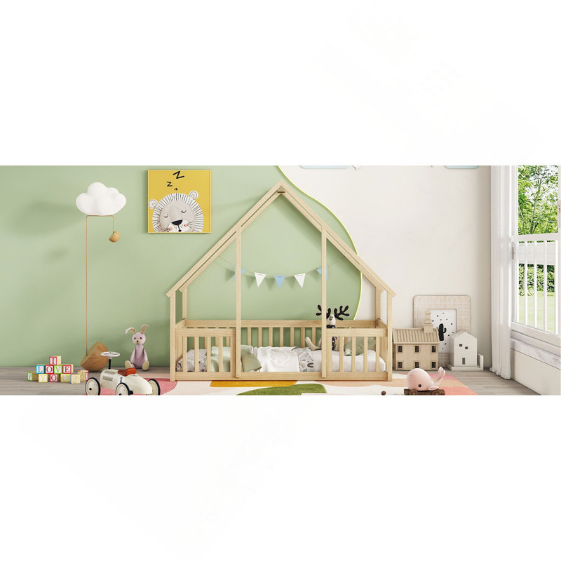 Lit en bois en forme de maison en bois avec clôture, garde-corps, Lit simple, Naturel