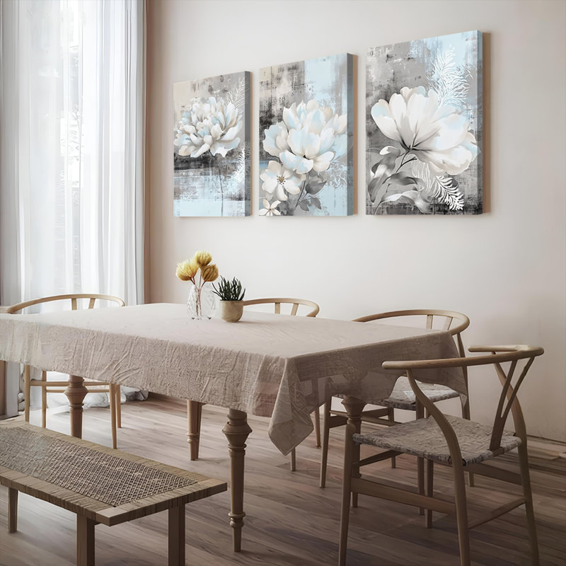 Élégante toile murale florale tendue, style abstrait (lot de 3), H 36 po x l 72 po