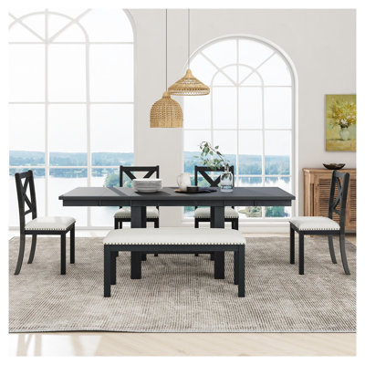 TOPMAX Farmhouse 6-Piece Extendable Dining Set with Bench, Solid Acacia Wood Table and Chairs in Black