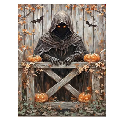 2D Flat, 1pc Wall Decor Halloween Spooky Gothic Art Hooded Figure Glowing Eyes Rustic Fence Pumpkins Bats Autumn Vines Creepy Haunting.