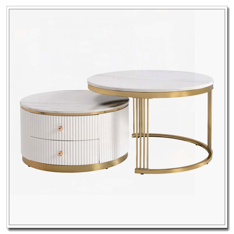 Table basse ronde et gigogne avec tiroirs