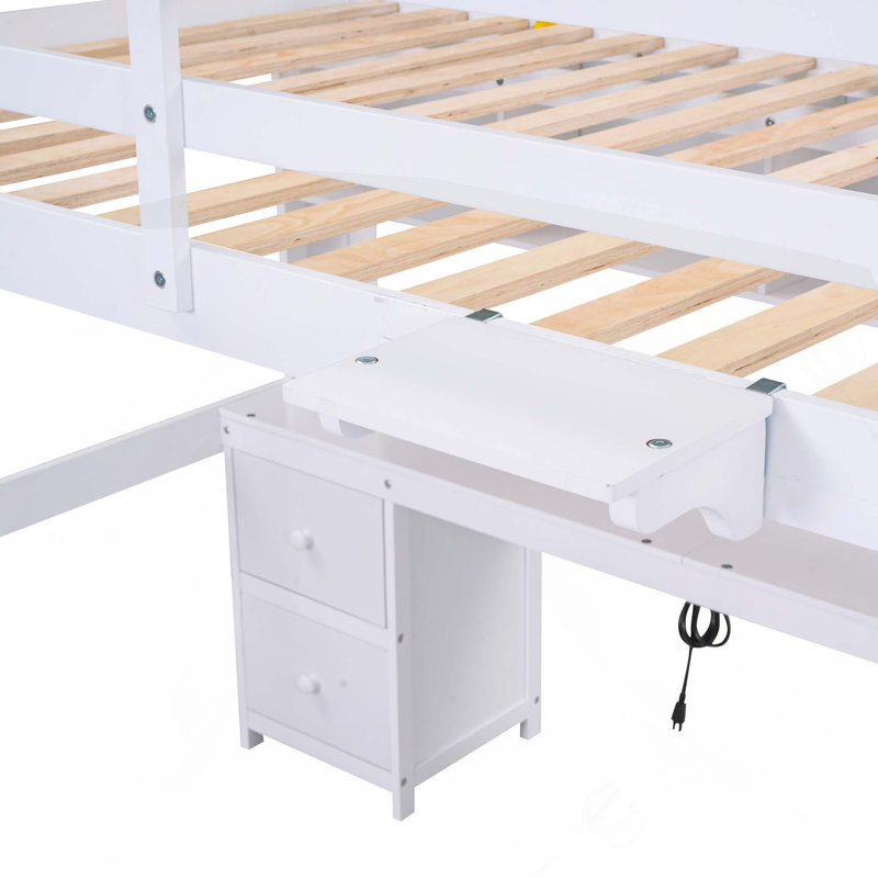 Lit mezzanine en bois avec bureau, ports de chargement et plusieurs rangements - rangement de chevet pleine grandeur blanc, tiroir massif