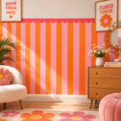 48-Inch Wide Orange Pink Combo Scalloped Stripe Wall Border Decal, 48-Inch High