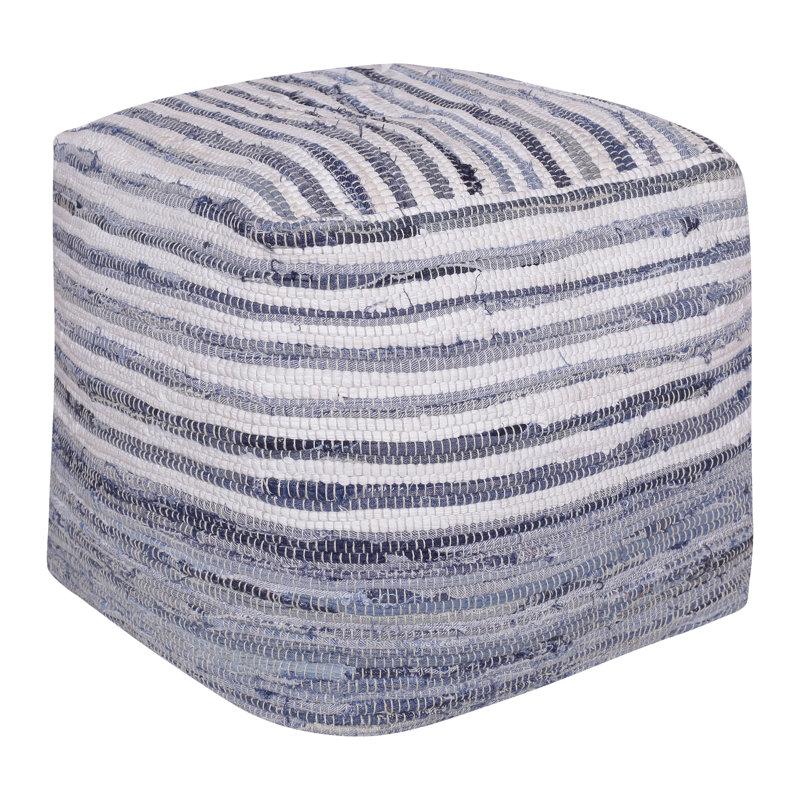 Andros Handmade Striped Blue Chindi Cotton Square Pouf Ottoman, Blue Striped
