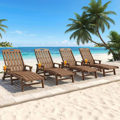 Ensemble de 4 chaises longues d'extérieur en PEHD avec roulettes et porte-gobelets, chaises longues inclinables réglables pour piscine