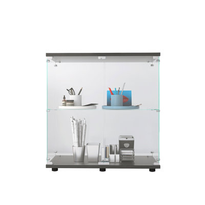 Vitrine en verre 2 couches avec 2 portes, vitrines, comptoir vitrine vitrée avec serrure, verre trempé avec base en panneau de fibres à densité moyenne