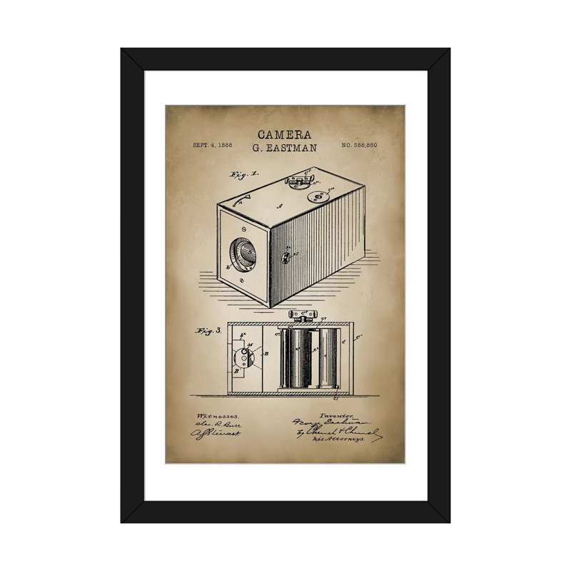 « eastman camera », impression sur toile beige, H 32 po x l 24 po x P 1 po, Papier d'art encadré noir, Blanc