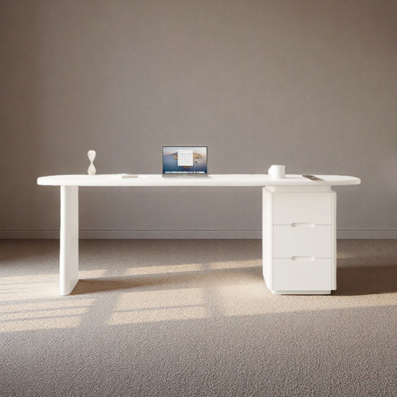 Bureau en bois massif avec une armoire de rangement crème pour la maison, Blanc, H 29,53 po x l 70,87 po x P 27,56 po