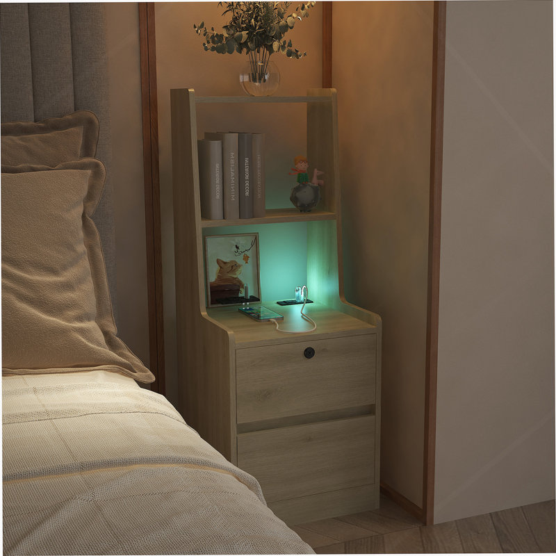 Table de chevet avec station de charge, table de chevet intelligente avec veilleuse avec tablette de rangement pour la chambre à coucher