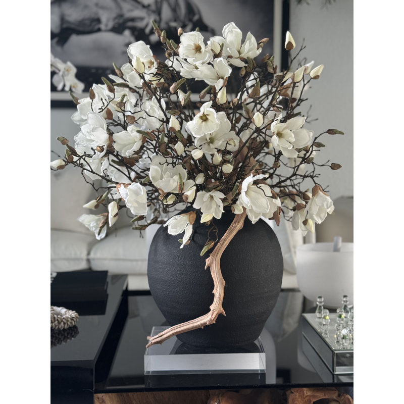 Black Konos Vase With White Magnolias