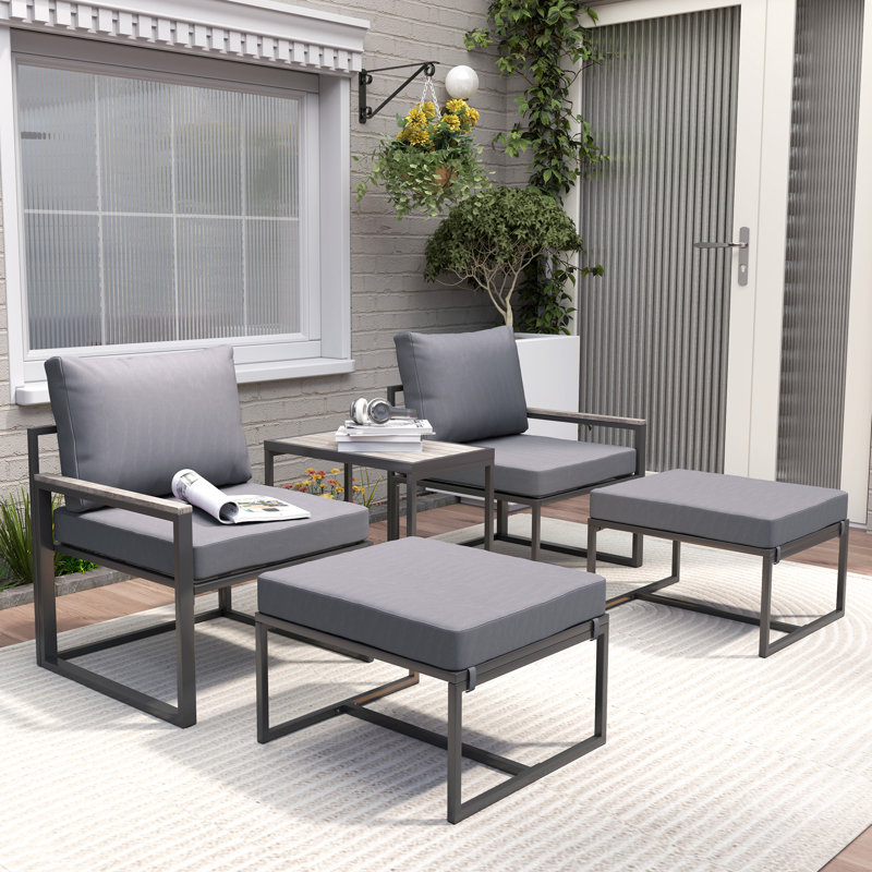 Ensemble de canapé de patio 5 pièces avec repose-pieds, coussins, gris