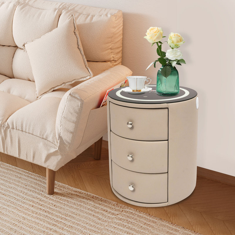 Table de chevet ronde à 3 niveaux avec DEL, charge sans fil et fonction USB, Beige