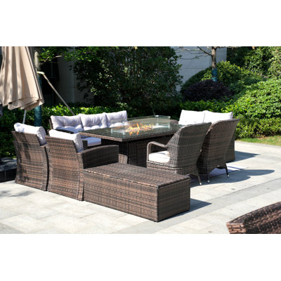 Leonard Wicker/Rattan 9 - Person Seating Group With Mixed Beige & Gray Cushions