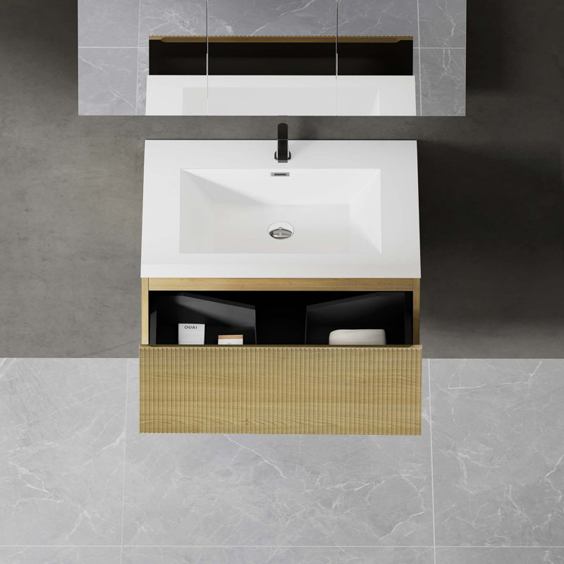 Ensemble de meuble-lavabo mural 30 po avec tiroir à fermeture en douceur, Blanc / bois de chêne naturel